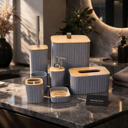 Ribbed Gray Bathroom Accessory Set